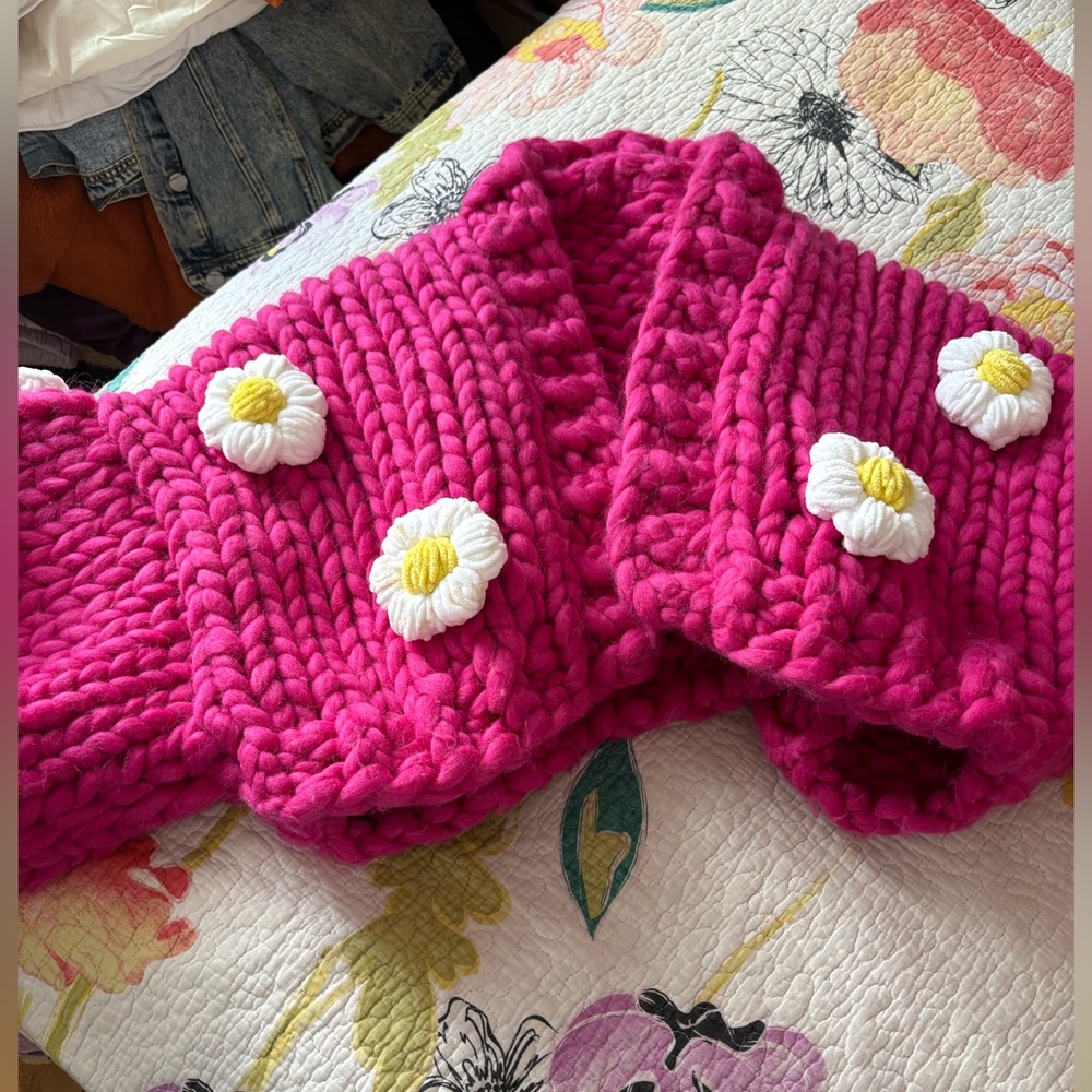 Pink Knitted sweater with flowers hand made